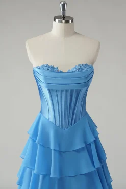 Blue Sweetheart babado uma linha longo vestido de baile