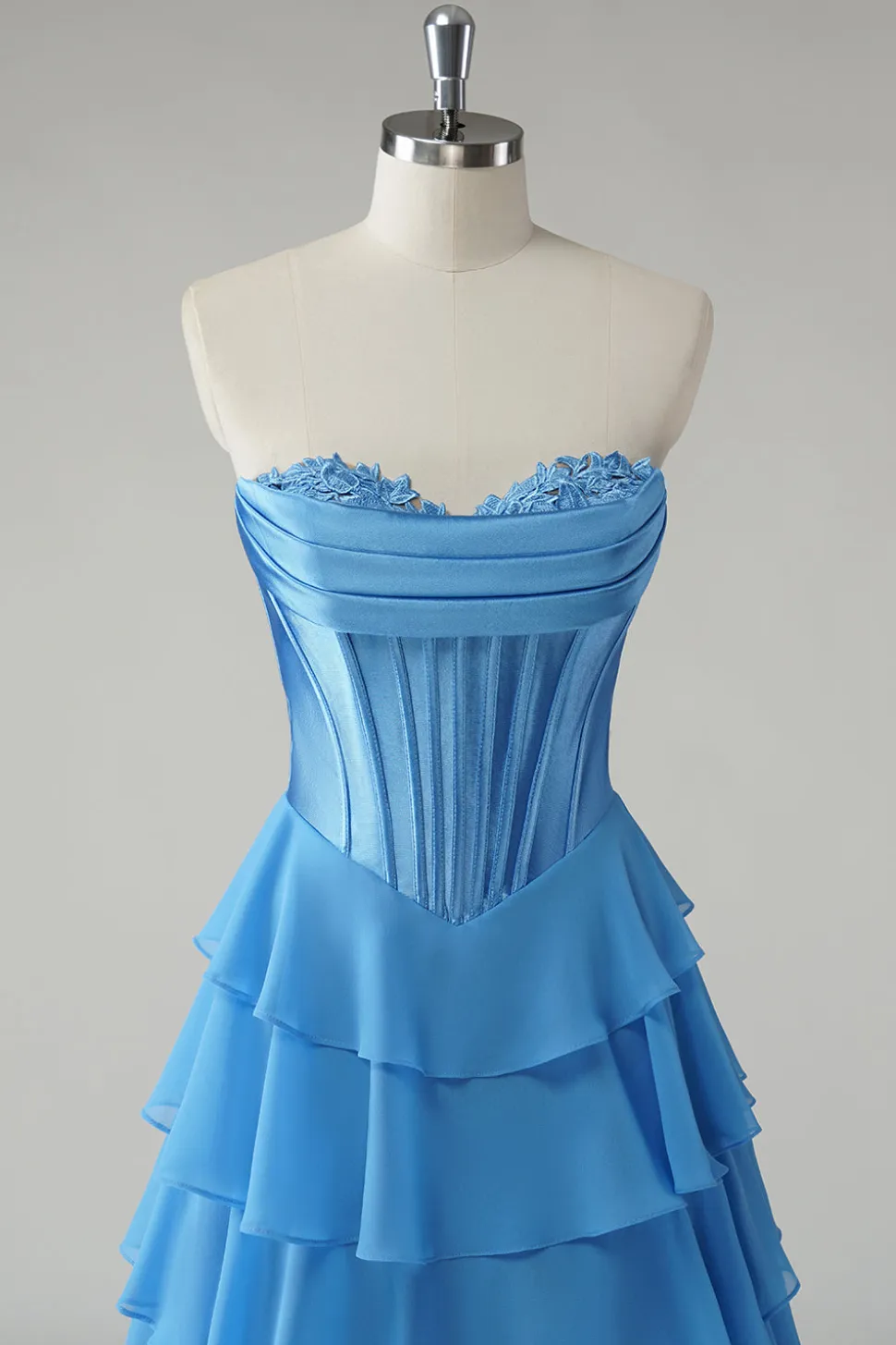 Blue Sweetheart babado uma linha longo vestido de baile