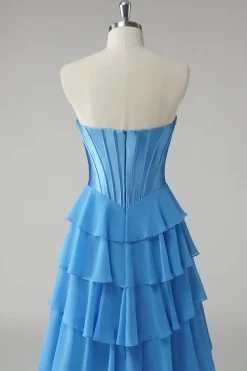 Blue Sweetheart babado uma linha longo vestido de baile