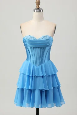Blue Tiered Corset Uma linha Strapless Short Homecoming Dress