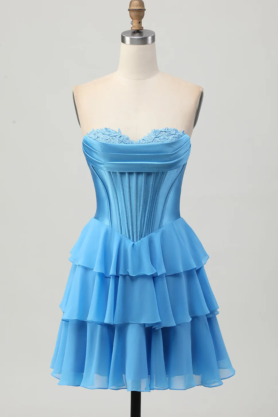 Blue Tiered Corset Uma linha Strapless Short Homecoming Dress