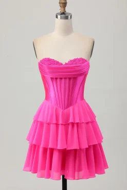 Blue Tiered Corset Uma linha Strapless Short Homecoming Dress