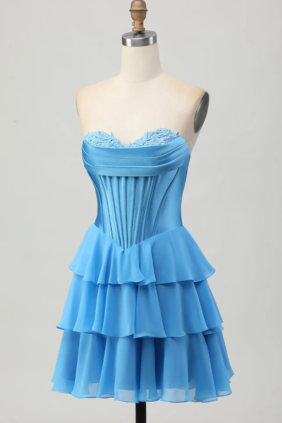 Blue Tiered Corset Uma linha Strapless Short Homecoming Dress