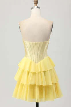 Blue Tiered Corset Uma linha Strapless Short Homecoming Dress