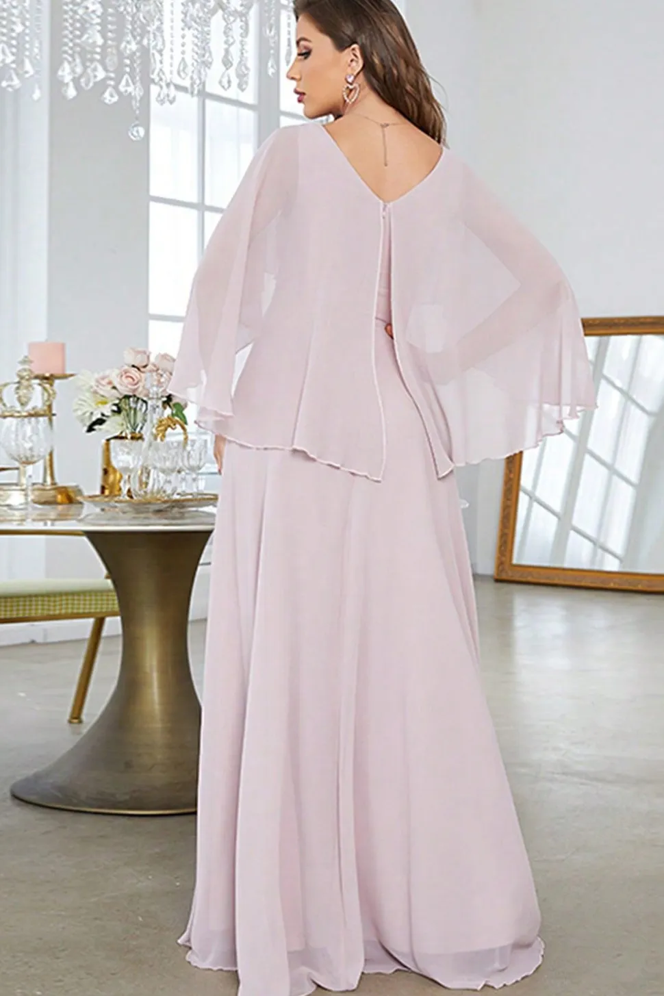 Blush A Line Chiffon Vestido Formal Longo Com Mangas Curtas