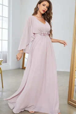 Blush A Line Chiffon Vestido Formal Longo Com Mangas Curtas
