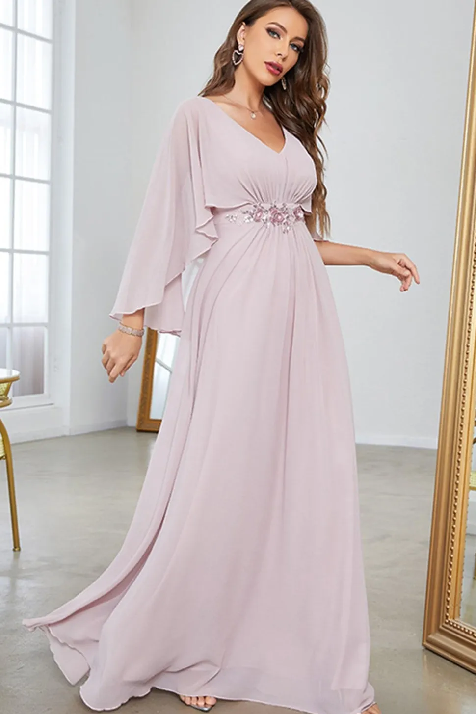 Blush A Line Chiffon Vestido Formal Longo Com Mangas Curtas