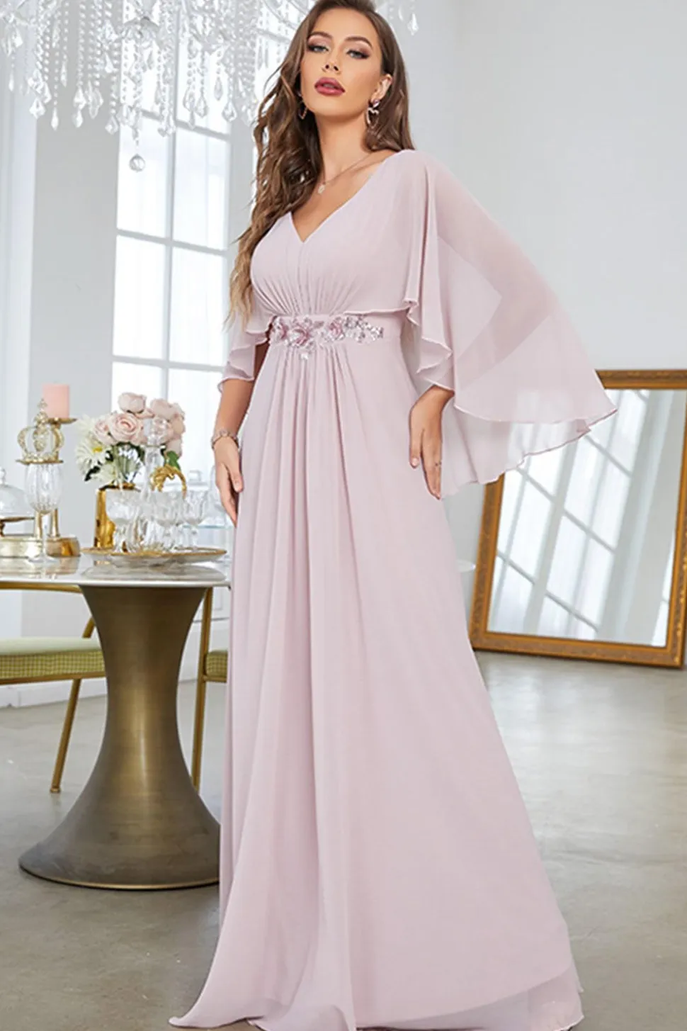 Blush A Line Chiffon Vestido Formal Longo Com Mangas Curtas