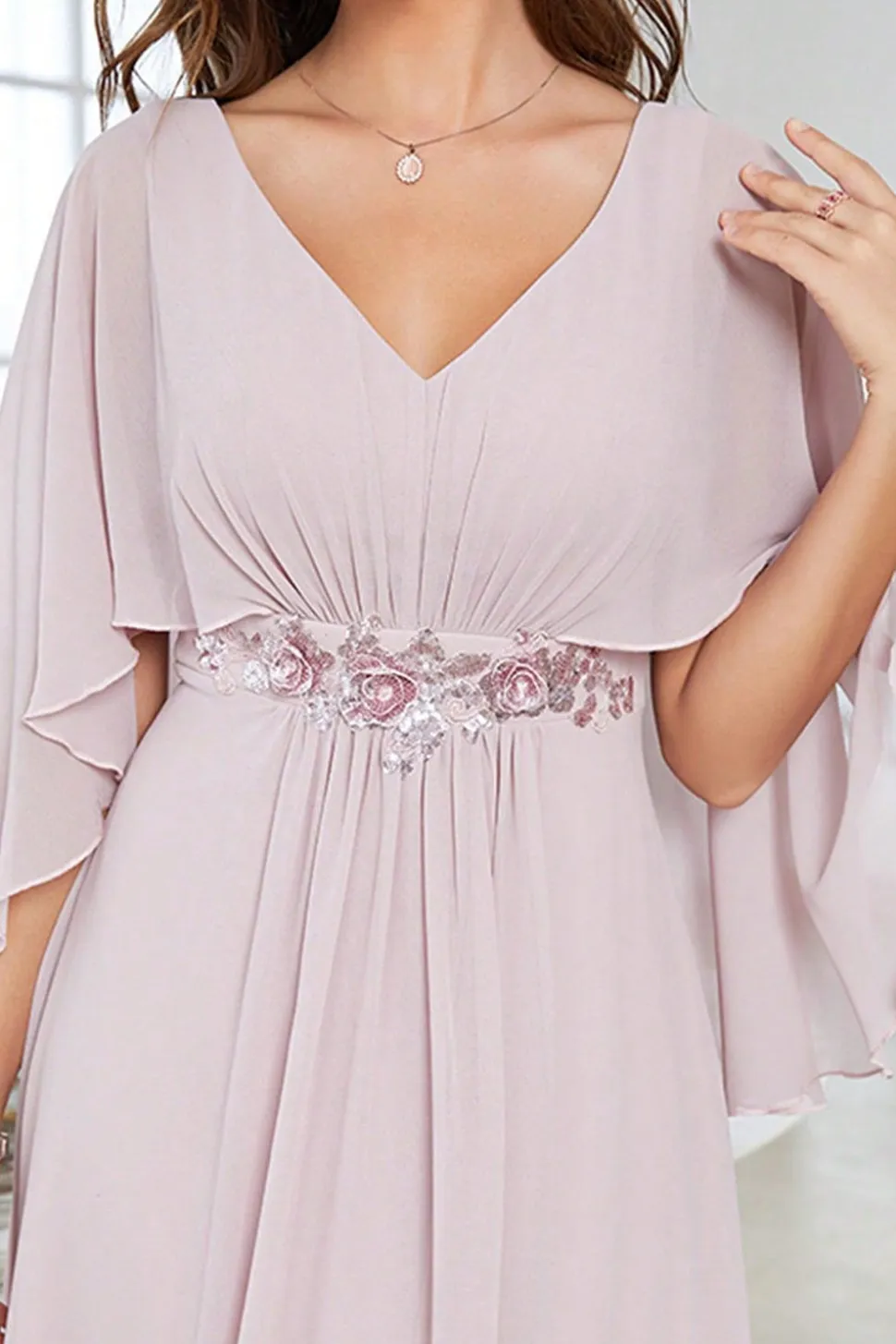 Blush A Line Chiffon Vestido Formal Longo Com Mangas Curtas