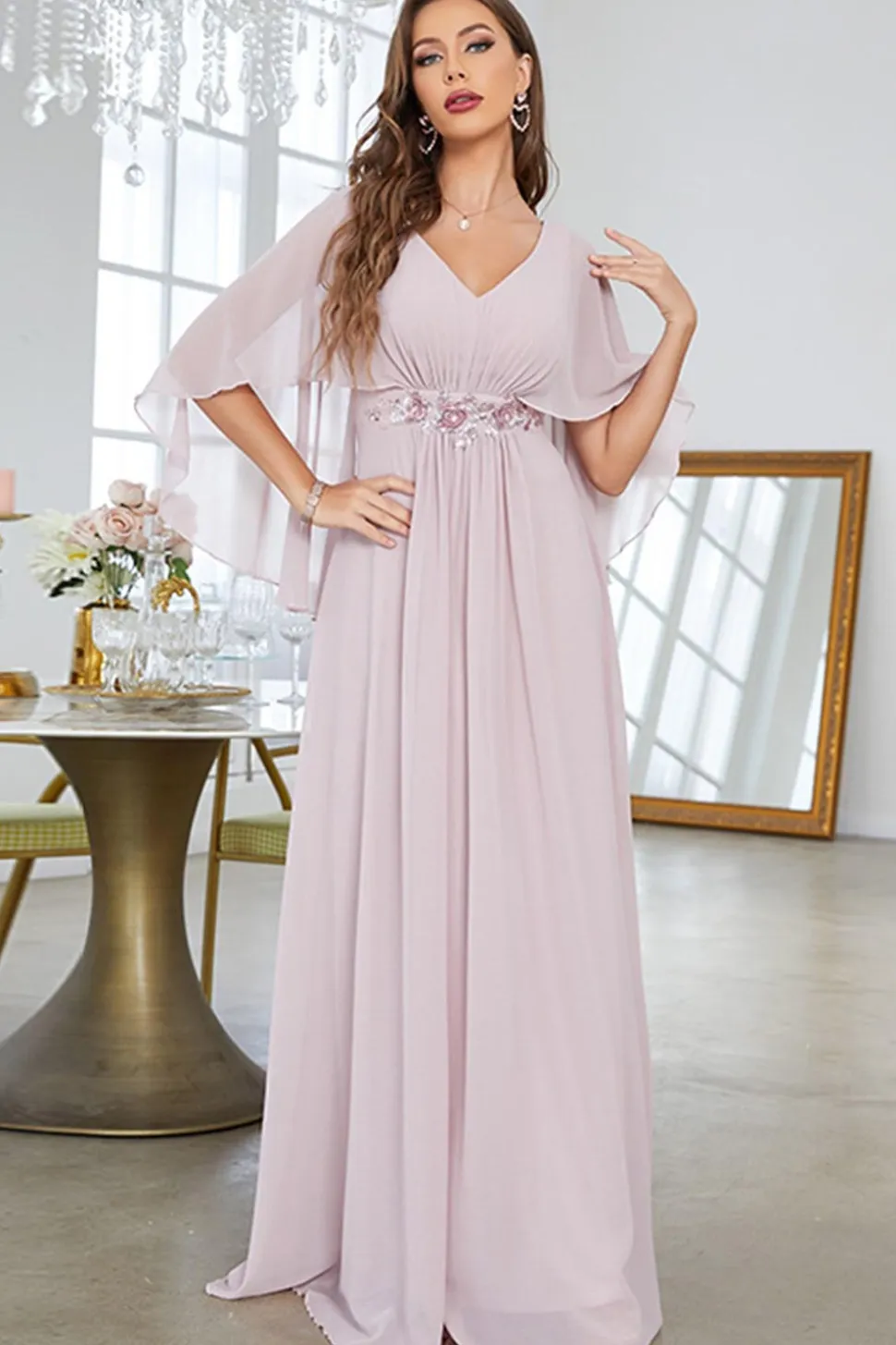 Blush A Line Chiffon Vestido Formal Longo Com Mangas Curtas