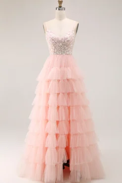Blush A Line Corset Sequins Tiered Ruffle Long Prom Dress com Apliques