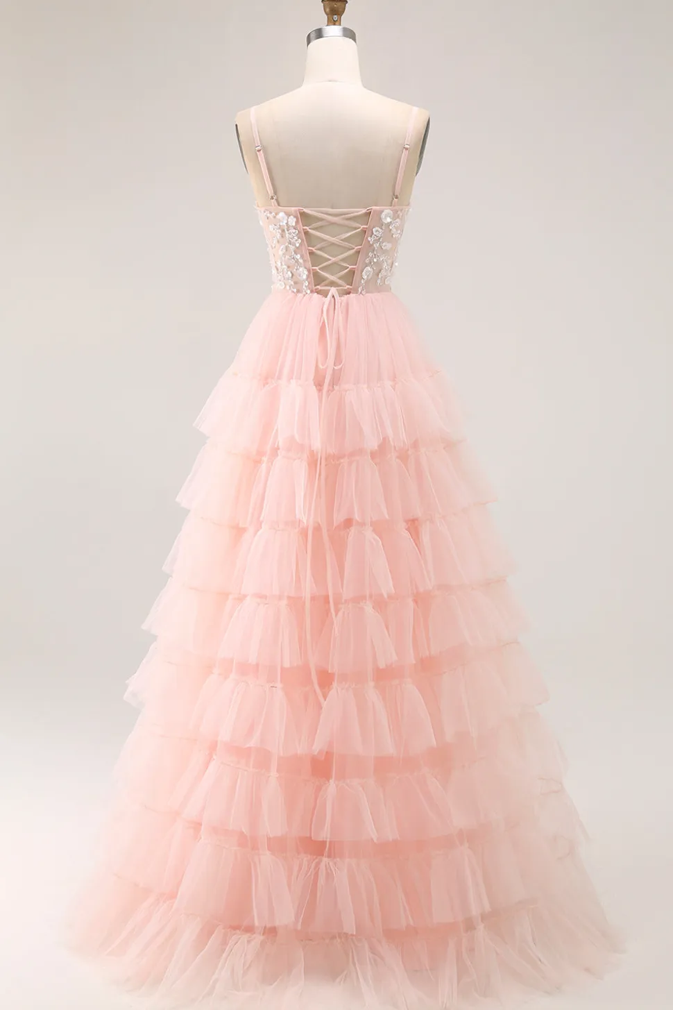 Blush A Line Corset Sequins Tiered Ruffle Long Prom Dress com Apliques