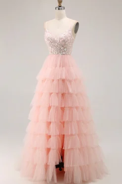 Blush A Line Corset Sequins Tiered Ruffle Long Prom Dress com Apliques