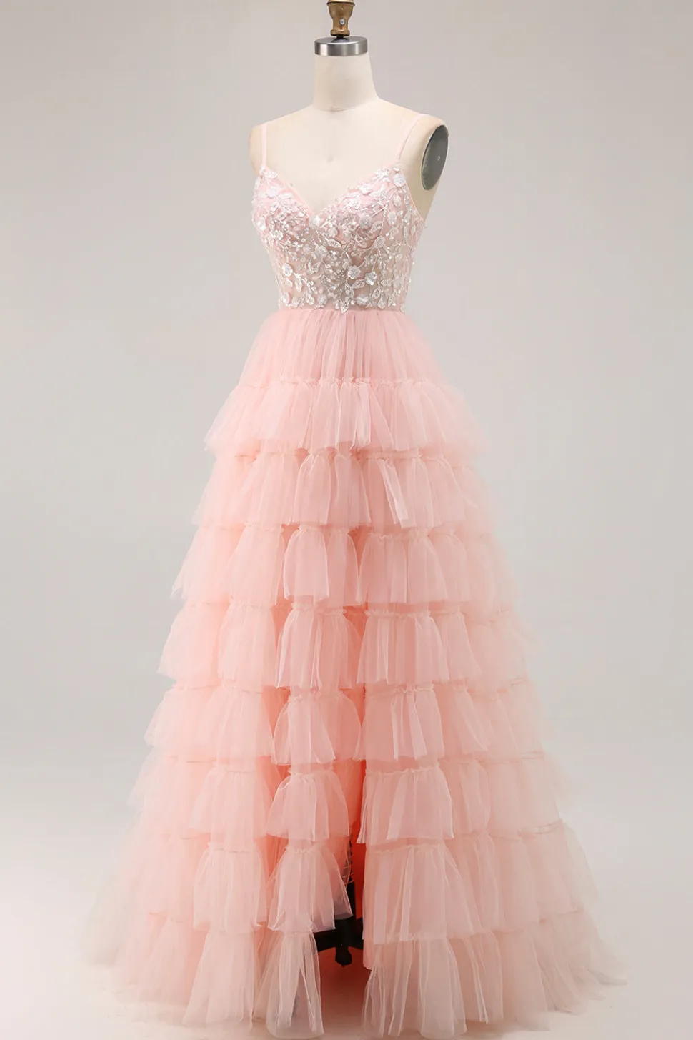 Blush A Line Corset Sequins Tiered Ruffle Long Prom Dress com Apliques