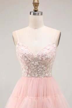 Blush A Line Corset Sequins Tiered Ruffle Long Prom Dress com Apliques