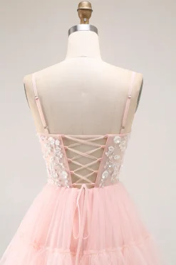 Blush A Line Corset Sequins Tiered Ruffle Long Prom Dress com Apliques