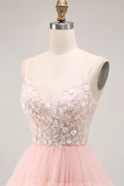 Blush A Line Corset Sequins Tiered Ruffle Long Prom Dress com Apliques