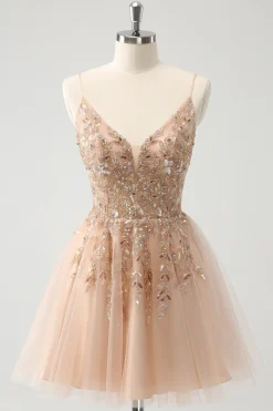 Blush A Line Espaghetti Correias Vestido de Lantejoulas Tule Homecoming