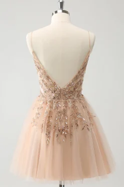 Blush A Line Espaghetti Correias Vestido de Lantejoulas Tule Homecoming