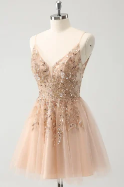 Blush A Line Espaghetti Correias Vestido de Lantejoulas Tule Homecoming