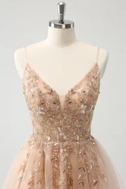 Blush A Line Espaghetti Correias Vestido de Lantejoulas Tule Homecoming