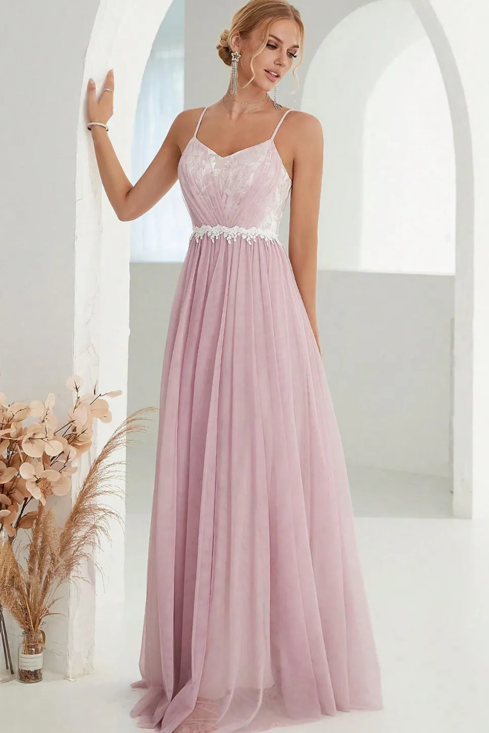 Blush A Line Espaghetti Correias Tulle Long Prom Dress