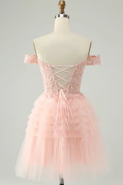 Blush A Line Off The Shoulder Corset Short Tulle Homecoming Dress