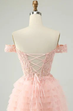 Blush A Line Off The Shoulder Corset Short Tulle Homecoming Dress