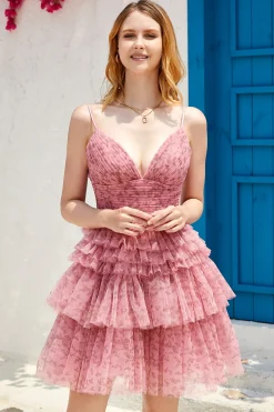 Blush A Line Spaghetti Correias Vestido Homecoming com Folhos