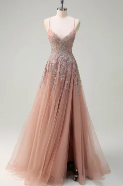 Blush A Line Spaghetti Straps Lace Up Back Appliqued Long Prom Dress with Slit