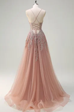Blush A Line Spaghetti Straps Lace Up Back Appliqued Long Prom Dress with Slit
