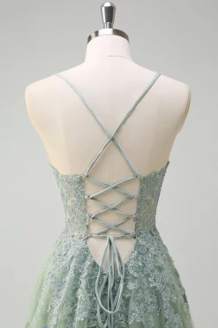 Blush A Line Spaghetti Straps Lace Up Back Appliqued Long Prom Dress with Slit