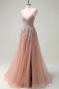 Blush A Line Spaghetti Straps Lace Up Back Appliqued Long Prom Dress with Slit