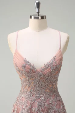 Blush A Line Spaghetti Straps Lace Up Back Appliqued Long Prom Dress with Slit