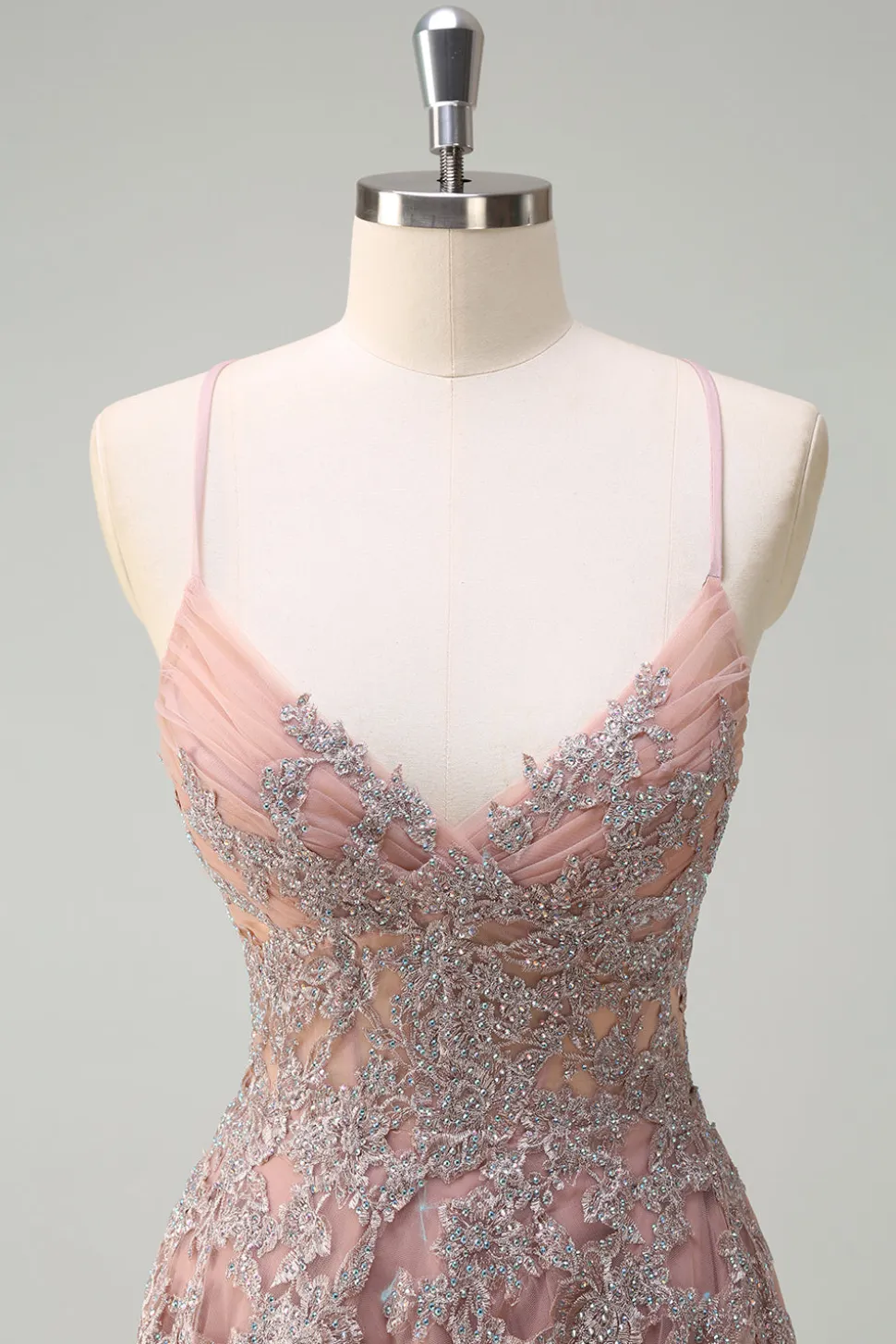 Blush A Line Spaghetti Straps Lace Up Back Appliqued Long Prom Dress with Slit