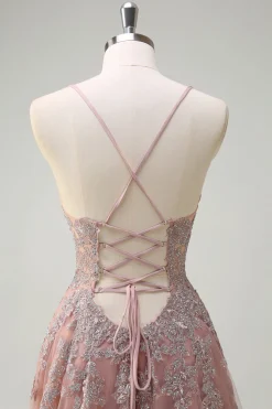Blush A Line Spaghetti Straps Lace Up Back Appliqued Long Prom Dress with Slit
