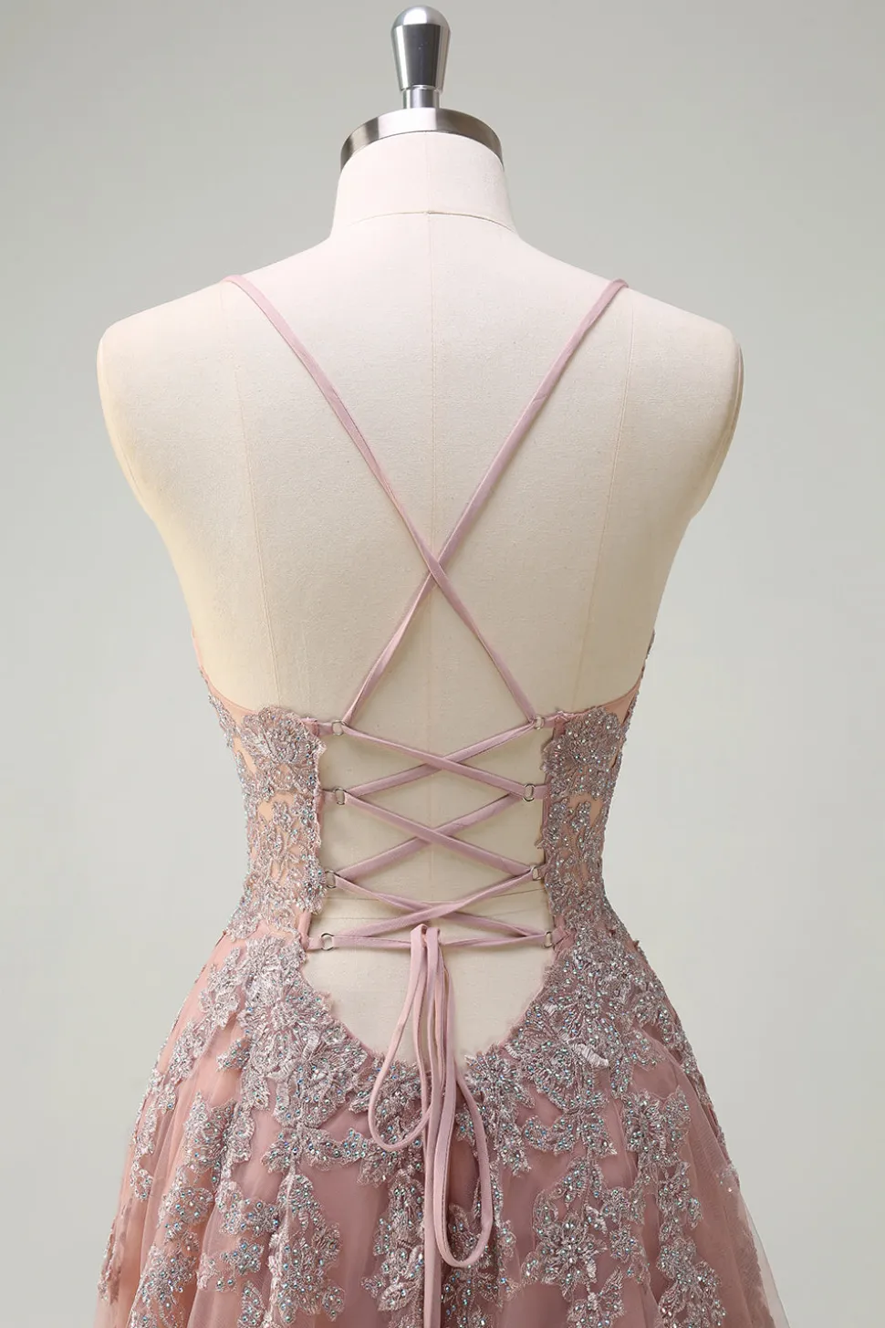 Blush A Line Spaghetti Straps Lace Up Back Appliqued Long Prom Dress with Slit