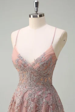 Blush A Line Spaghetti Straps Lace Up Back Appliqued Long Prom Dress with Slit