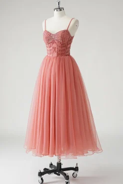 Blush A Line Spaghetti Straps Ruched Sequins Corset Vestido Formal