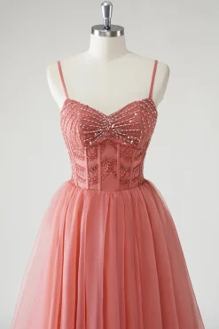 Blush A Line Spaghetti Straps Ruched Sequins Corset Vestido Formal