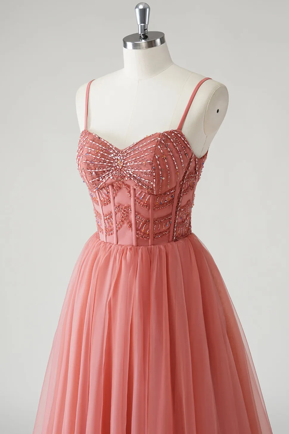 Blush A Line Spaghetti Straps Ruched Sequins Corset Vestido Formal