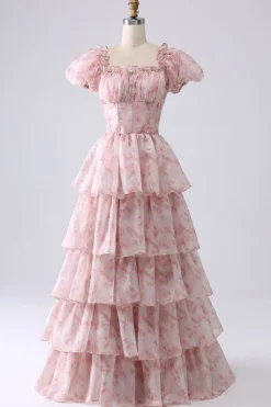 Blush A Line Square Neck Tiered Prom Dress com Folhos