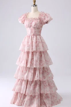Blush A Line Square Neck Tiered Prom Dress com Folhos