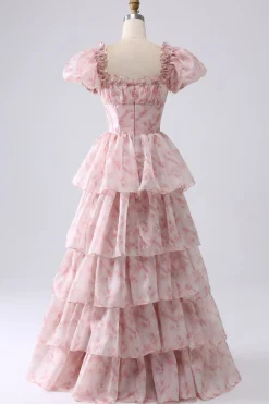 Blush A Line Square Neck Tiered Prom Dress com Folhos