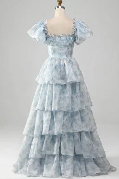 Blush A Line Square Neck Tiered Prom Dress com Folhos