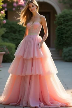 Blush A Line Strapless Ruffled Tiered Prom Dress