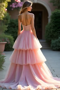 Blush A Line Strapless Ruffled Tiered Prom Dress