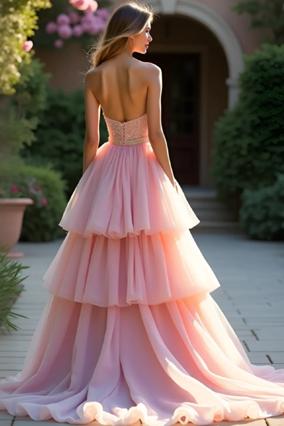 Blush A Line Strapless Ruffled Tiered Prom Dress