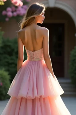 Blush A Line Strapless Ruffled Tiered Prom Dress