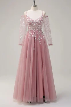 Blush A-Line Cold Shoulder Corset Appliqued Long Prom Dress com Fenda